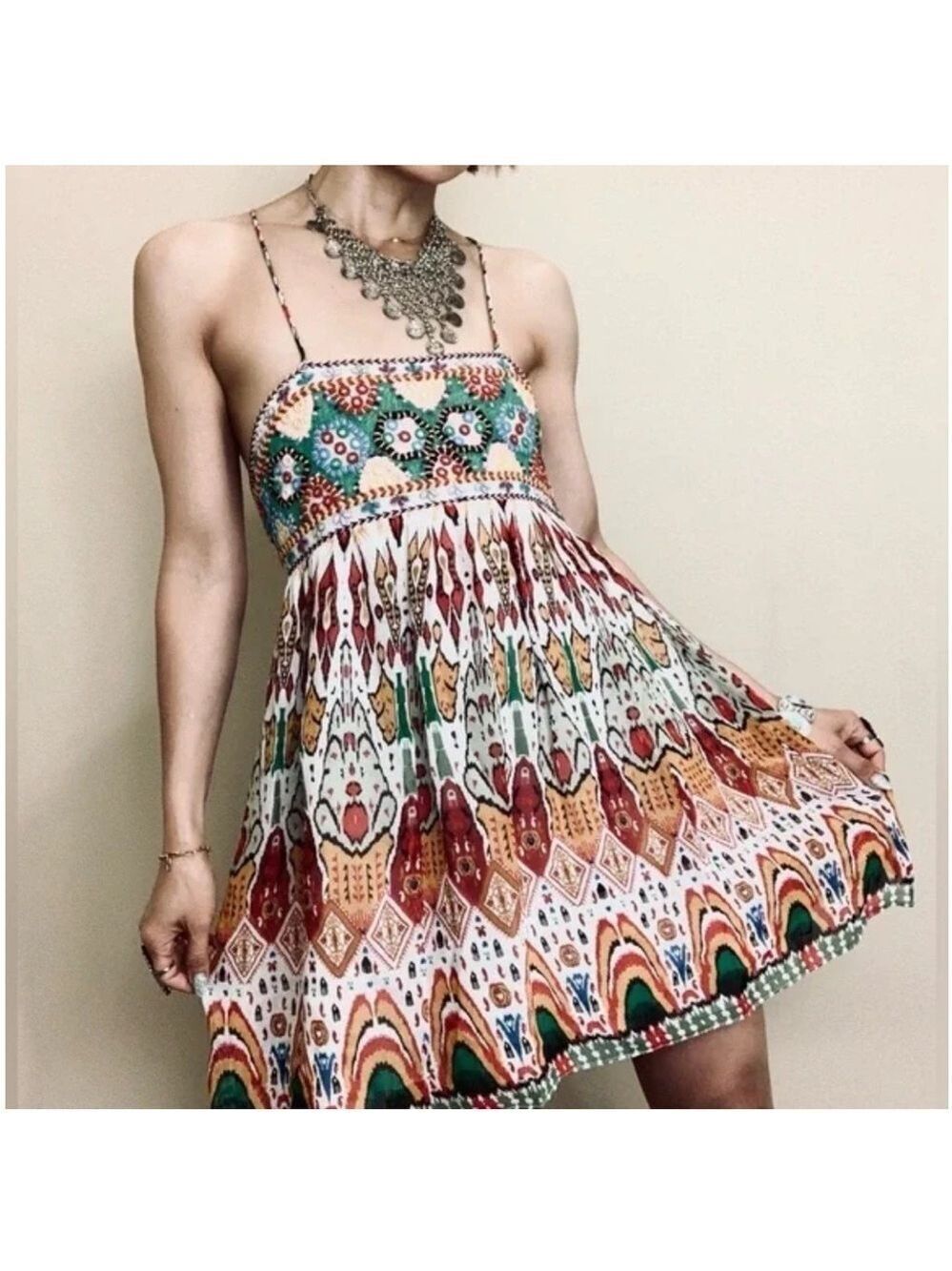 ZARA Chiffon Printed Strappy Embroidered Dress Open Back Sequins multicolor XS